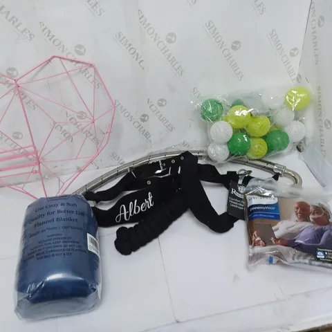 LOT OF ASSORTED HOUSEHOLD ITEMS TO INCLUDE FLANNEL BLANKET, DREAMWEAR SILICONE PILLOWS MASK , ETC