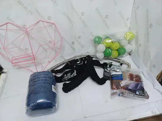 LOT OF ASSORTED HOUSEHOLD ITEMS TO INCLUDE FLANNEL BLANKET, DREAMWEAR SILICONE PILLOWS MASK , ETC