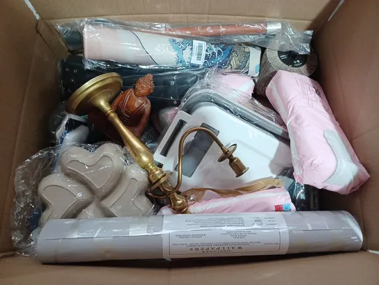 BOX OF APPROXIMATELY 12 ASSORTED ITEMS TO INCLUDE - BOOTS MATERNITY TOWELS - BUDDHA - DESIGNER WALLPAPER ONE BOLT ECT