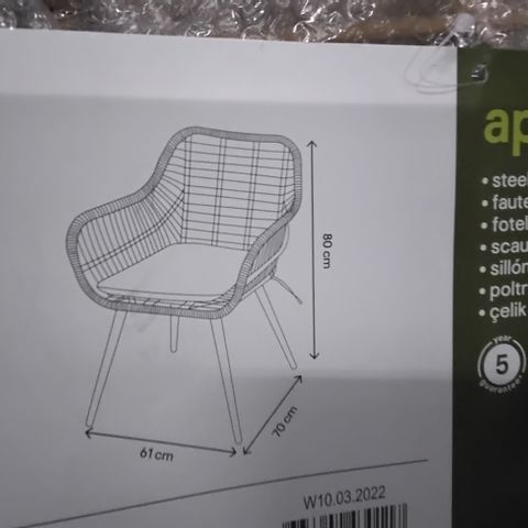 BOXED SET OF TWO APOLIMA STEEL ARMCHAIRS WITH RATTAN EFFECT 
