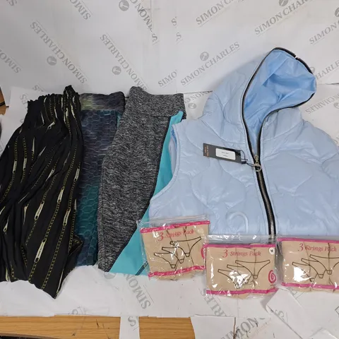BOX OF ASSORTED CLOTHING TO INCLUDE GILET, LEGGINGS, UNDERWEAR ETC