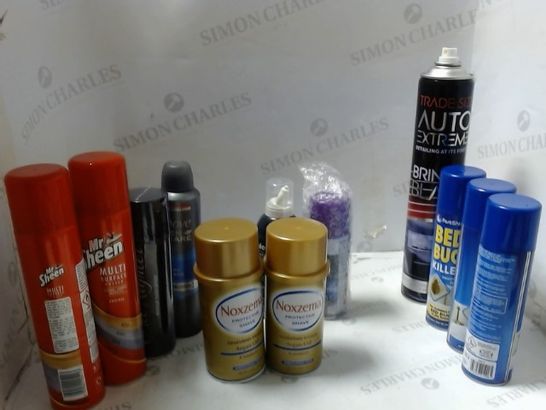 LOT OF ASSORTED ITEMS TO INCLUDE; POLISH, BED BUG KILLER,, SHAVING FOAM ETC