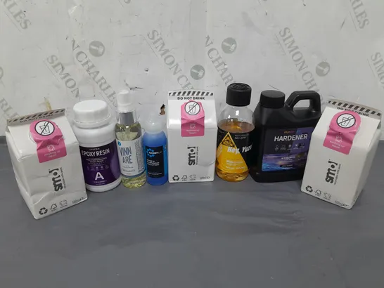 LOT OF APPROXIMATELY 15 ASSORTED LIQUIDS TO INCLUDE SMOL, FRAGRANCE OIL AND EPOXY RESIN - COLLECTION ONLY