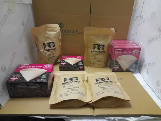 BOX OF ASSORTED FOOD AND DRINK ITEMS TO INCLUDE COFFEE PAPER FILTERS AND HERMANOS COLOMBIAN COFFEE ROASTERS 