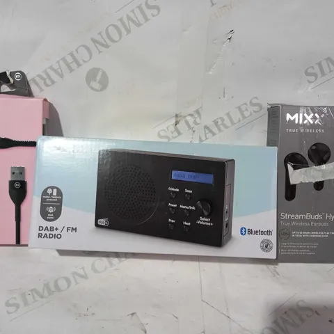 BOX OF APPROXIMATELY 20 ASSORTED ELECTRICAL ITEMS TO INCLUDE MIXX MICRO TO USB CABLE, ASDA TECH DAB+/FM RADIO, MIXX STREAMBUDS HYBRID CHARGE WIRELESS EARBUDS, ETC