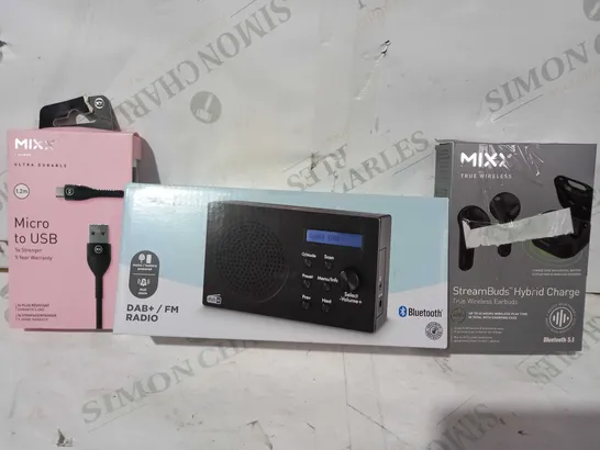 BOX OF APPROXIMATELY 20 ASSORTED ELECTRICAL ITEMS TO INCLUDE MIXX MICRO TO USB CABLE, ASDA TECH DAB+/FM RADIO, MIXX STREAMBUDS HYBRID CHARGE WIRELESS EARBUDS, ETC