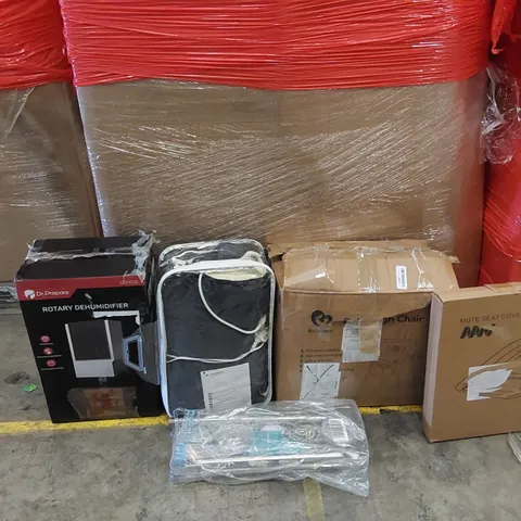 PALLET OF ASSORTED ITEMS INCLUDING: ROTARY DEHUMIDIFIER, ELECTRIC BLANKET, BABY HIGH CHAIR, TOILET SEAT, CURTAIN ROD