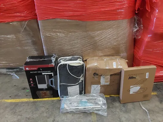 PALLET OF ASSORTED ITEMS INCLUDING: ROTARY DEHUMIDIFIER, ELECTRIC BLANKET, BABY HIGH CHAIR, TOILET SEAT, CURTAIN ROD