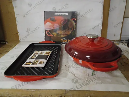 LE CREUSET CAST IRON 2 PIECE SET, 26CM SHALLOW CASSEROLE & 32CM RECTANGULAR GRILL, CERISE