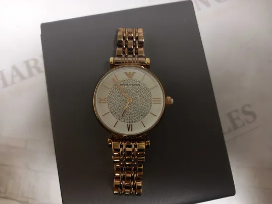 EMPORIO ARMANI WOMENS TWO-HAND ROSE GOLD-TONE STAINLESS STEEL WATCH RRP £379