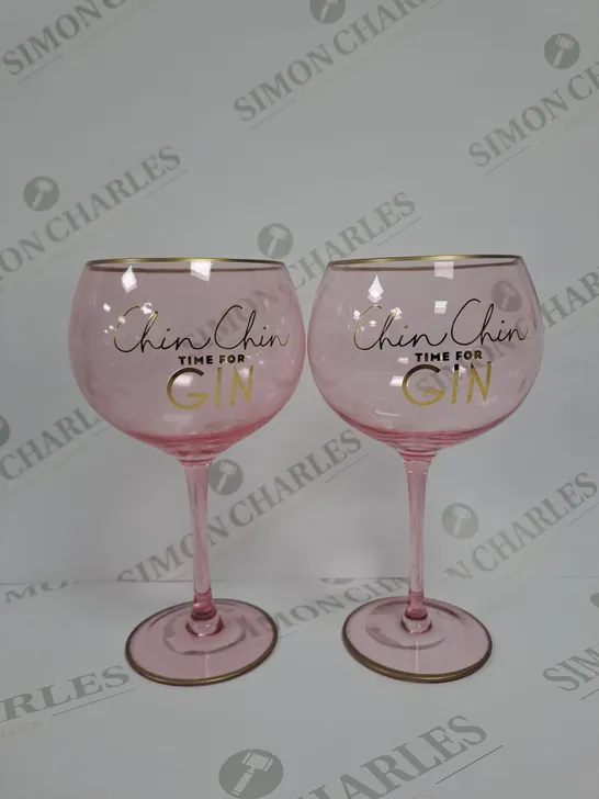 BOXED BRAND NEW SET OF 2 PINK GIN GLASSES 'CHIN CHIN TIME FOR GIN'