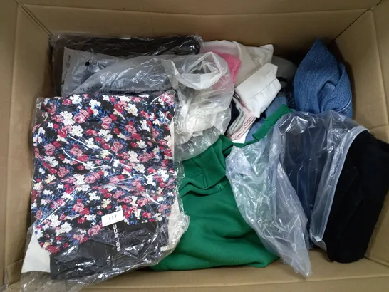 LARGE BOX OF ASSORTED CLOTHING ITEMS IN VARIOUS COLOURS AND SIZES INCLUDING TROUSERS , TOPS AND JUMPERS 