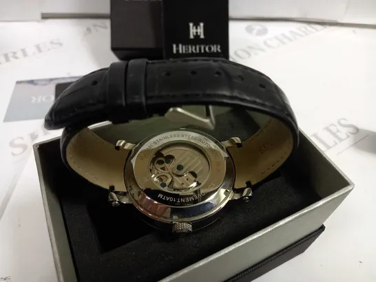 BOXED HERITOR EXPOSED FACE STAINLESS STEEL AUTOMATIC SUN AND MOON WATCH WITH BLACK LEATHER STRAP