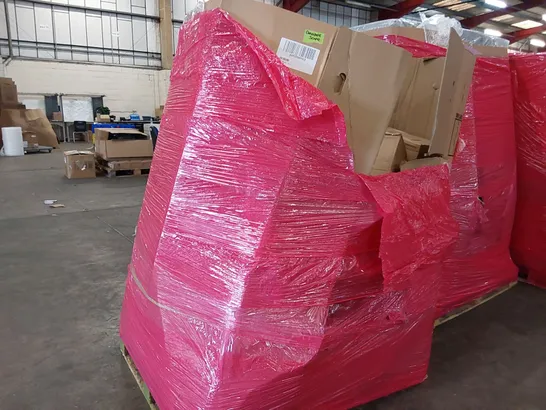 PALLET OF ASSORTED CONSUMER GOODS AND FURNITURE PRODUCTS TO INCLUDE; OFFICE CHAIRS, MULTIFUNCTIONAL FOOD PROCESSORS, MAGNETIC MINI EXERCISE BIKE, METAL FRAME MIRROR ECT. 