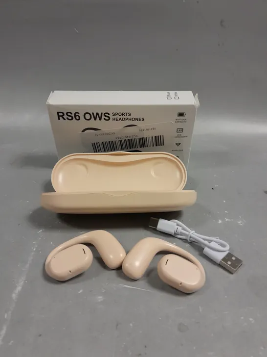 BOXED RS6 OWS WIRELESS SPORTS EARPHONES IN PEACH 	