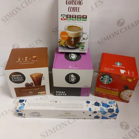 BOX OF APPROX 6 ITEMS TO INCLUDE NESCAFE COFFEE PODS, STARBUCKS PODS AND FOODNESS GUISENG COFFEE