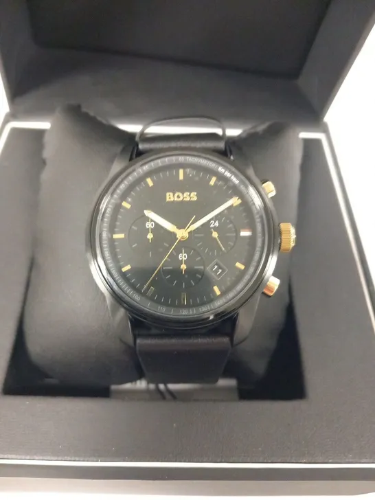 BOXED HUGO BOSS GENTS BOSS TRACE BLACK LEATHER WRIST WATCH