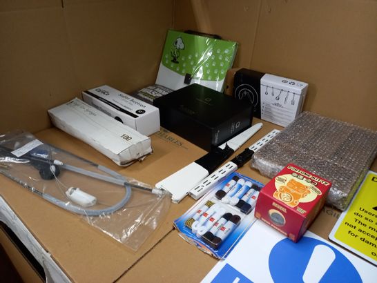 LARGE BOX OF APPROXIMATELY 20  ITEMS TO INCLUDE: SIGNS, FABRIC CARE KIT, CUTLERY
