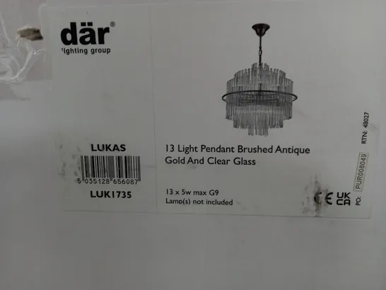 BOXED DÄR LUKAS 13 HANGING LIGHT PENDANT BRUSHED ANTIQUE GOLD & CLEAR GLASS