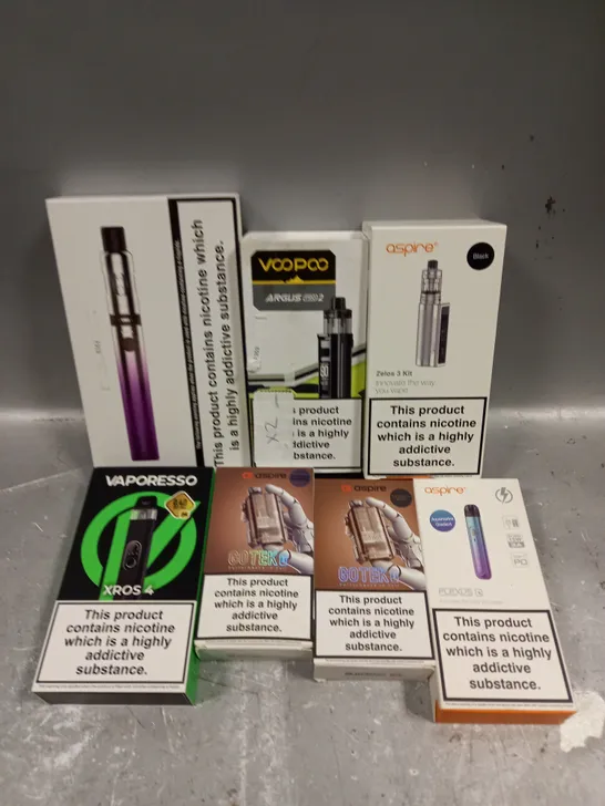 APPROXIMATELY 20 ASSORTED E-CIGARETTE PRODUCTS/ACCESSORIES TO INCLUDE VOO POO, ASPIRE, VAPORESSO ETC 