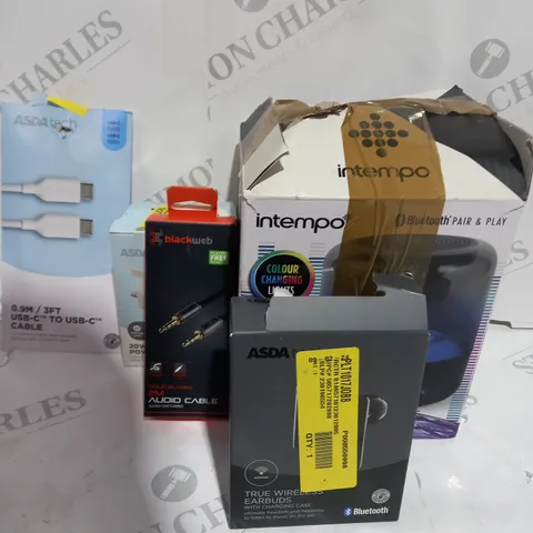 LOT OF ASSORTED ITEMS TO INCLUDE - USB CABLES - EARPHONES - BLUETOOTH SPEAKER -AUDIO CABLES  
