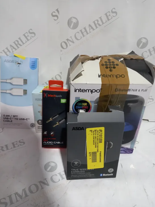 LOT OF ASSORTED ITEMS TO INCLUDE - USB CABLES - EARPHONES - BLUETOOTH SPEAKER -AUDIO CABLES  