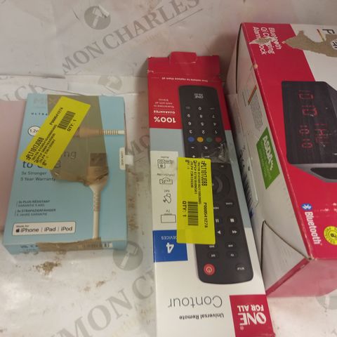 BOX OF APPROXIMATELY 10 ASSORTED HOUSEHOLD ITEMS TO INCLUDE POLAROID BLUETOOTH ALARM CLOCK, ONE FOR ALL UNIVERSAL REMOTE, MIXX LIGHTNING TO USB CABLE, ETC