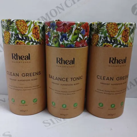 LOT OF 3 RHEAL SUPERFOODS ORGANIC BLEND (2 CLEAN GREEN, 1 BALANCE TONIC)