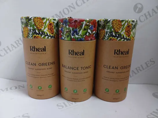 LOT OF 3 RHEAL SUPERFOODS ORGANIC BLEND (2 CLEAN GREEN, 1 BALANCE TONIC)