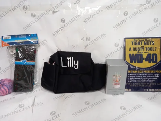 BOX OF APPROXIMATELY 8 ASSORTED ITEMS TO INCLUDE - LILLY BAG - WD-40 SIGN - MAKEUP CLEANING BRUSH ECT