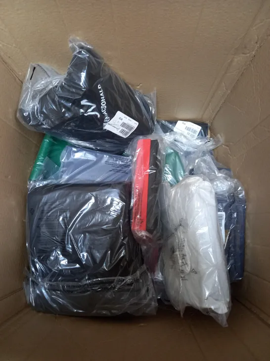 LARGE BOX OF APPROX. 20 ASSORTED CLOTHING ITEMS TOO INCLUDE HANDBAGS AND PURSES 