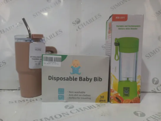 BOX OF APPROXIMATELY 20 ASSORTED HOUSEHOLD ITEMS TO INCLUDE BATTERY JUICE BLENDER, DISPOSABLE BABY BIB, STAINLESS STEEL THERMAL MUG, ETC