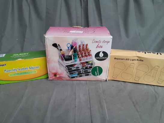 LARGE BOX OF ASSORTED HOUSEHOLD ITEMS TO INCLUDE MAKEUP STORAGE, MATERNITY SEATBELT ADJUSTER AND LED LIGHT BULBS