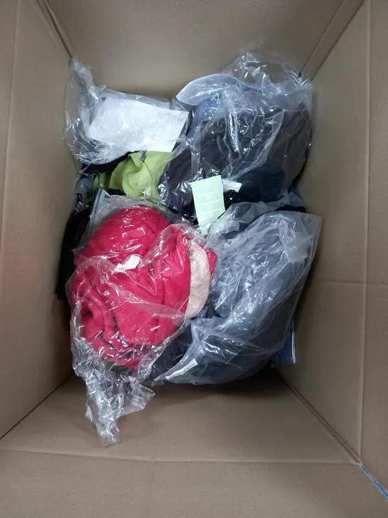 BOX OF APPROX 20 ASSORTED CLOTHING ITEMS IN VARIOUS SIZES TO INCLUDE TROUSERS, JUMPERS, HATS, ETC.