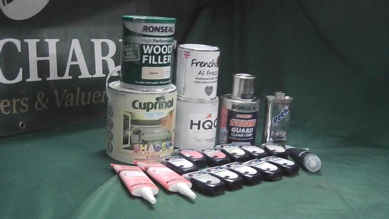 LOT OF ASSORTED HOME LIQUIDS TO INCLUDE DULUX PAINT TESTS, PEEK METAL POLISH, RONSEAL STAIN GUARD CLEAR COAT 