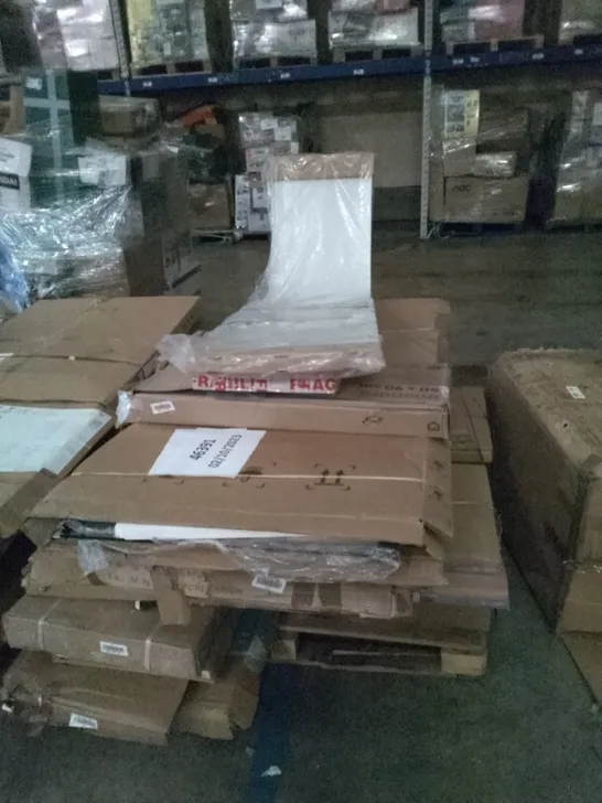 PALLET OF ASSORTED BATHROOM FURNITURE INCLUDING SHOWER PANELS, WALL CABINETS, WORKTOPS, BATH PANEL