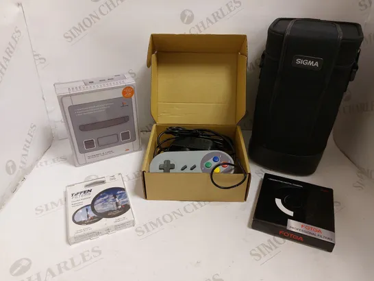 BOX OF APPROX 8 ITEMS TO INCLUDE SIGMA CARRY CASE, TIFFEN FILTERS, GAMES CONSOLE PAD