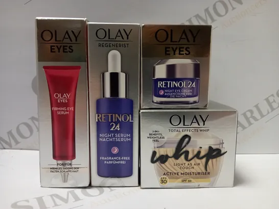 LOT OF 4 ASSORTED OLAY PRODUCTS TO INCLUDE FIRMING EYE SERUM, RETINOL 24 NIGHT SERUM, RETINOL 24 NIGHT EYE CREAM, WHIP ACTIVE MOISTURISER