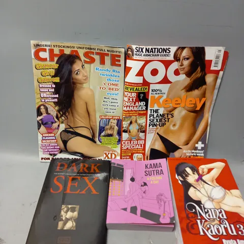 APPROXIMATELY 20 ASSORTED ADULT MAGAZINES AND BOOKS TO INCLUDE KAMA SUTRA, ZOO MAGAZINE, DARK SEX FETISH PHOTOGRAPHY BOOK, ETC