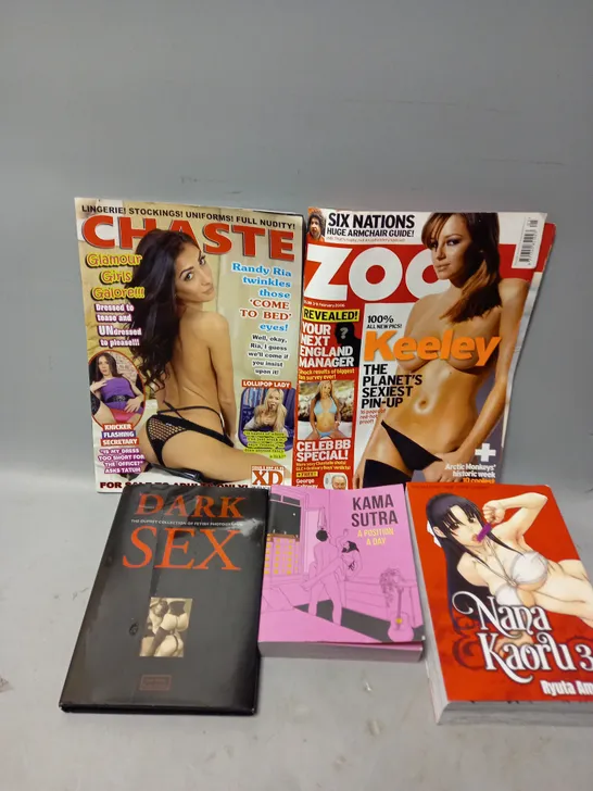 APPROXIMATELY 20 ASSORTED ADULT MAGAZINES AND BOOKS TO INCLUDE KAMA SUTRA, ZOO MAGAZINE, DARK SEX FETISH PHOTOGRAPHY BOOK, ETC