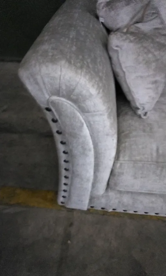 DESIGNER VESPER GREY FABRIC THREE SEATER SOFA WITH STUDDED ARM DETAIL