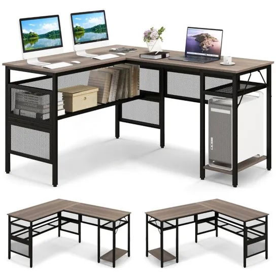 BOXED REVERSIBLE L-SHAPED COMPUTER DESK WITH CHARGING STATION - GREY (1 BOX)