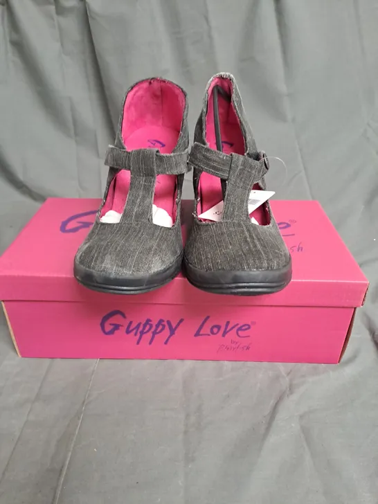 BOXED LOT OF 12 PAIRS OF GUPPY LOVE LADIES WEDGE HEEL SHOES. VARIOUS SIZES