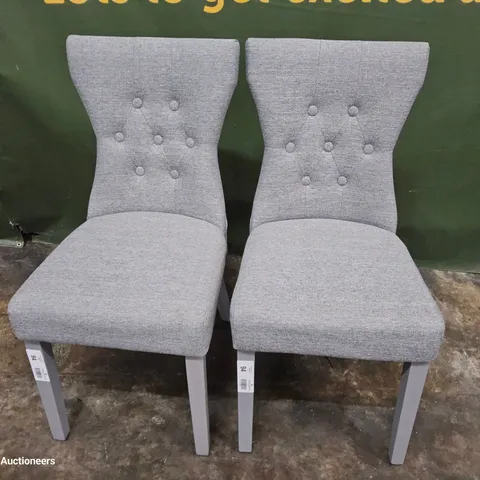 PAIR OF UPHOLSTERED BUTTON BACK DINING CHAIRS GREY FABRIC ON GREY LEGS