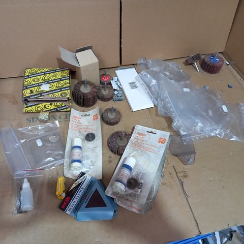 LOT OF APPROX 25 ASSORTED TOOLS LIKE SANDING SPINNERS, GLUE, STAPLES ETC