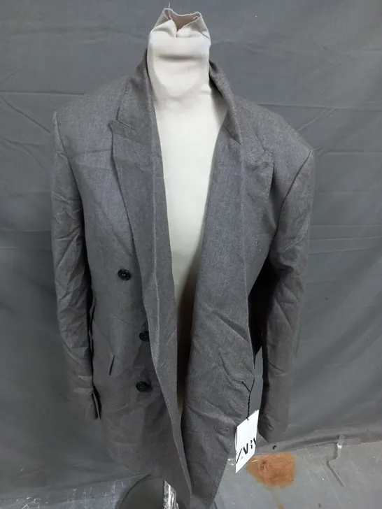 ZARA LIGHT GREY & BROWN 3 BUTTON BLAZER - LARGE