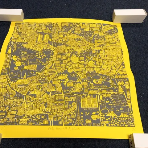 CAROLINE HARPER BRIXTON, HERNE HILL & DULWICH MAP MID GREY ON FACTORY YELLOW PAPER SIGNED #23/100