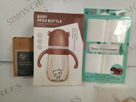 LOT OF APPROXIMATELY 10 ASSORTED HOUSEHOLD ITEMS TO INCLUDE SATIN PILLOWCASES, BABY PPSU BOTTLE, STAINLESS STEEL COFFEE CAPSULE, ETC