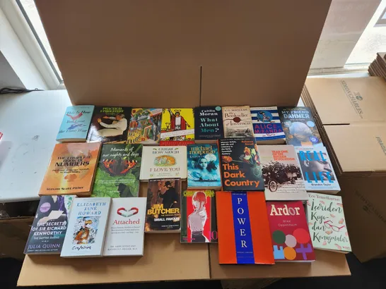 CAGE OF A SIGNIFICANT QUANTITY OF ASSORTED BOOKS BY MAX GLADSTONE, TATSUKI FUJIMOTO, CAITLIN MORAN, JULIA QUINN, ROBERT GREENE, REBECCA BIRELL, ETC