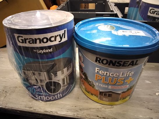 TOTE OF ASSORTED ITEMS INCLUDING GRANOCRYL BLACK AND RONSEAL FENCE LIFE PLUS